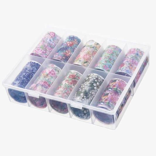 GV915 10pcs Floral Nail Foil Transfer Set – Mixed Flower Nail Art Foils with Storage Box for Gel Polish & DIY Nail Decoration