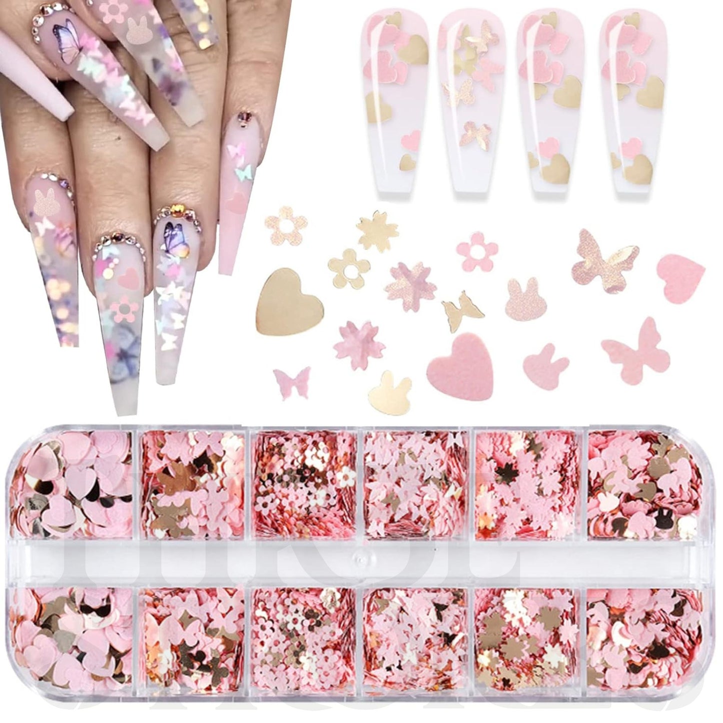 GV167 THR3E STROKES 12 Grids Holographic Nail Glitter, Wsimily Butterfly Flower Heart Rabbit Pink Gold Nail Art Sequins Glitter for Acrylic Nails Design Paillettes Shining Flake Glitter Valentine's Day Nail Decoration (D41)