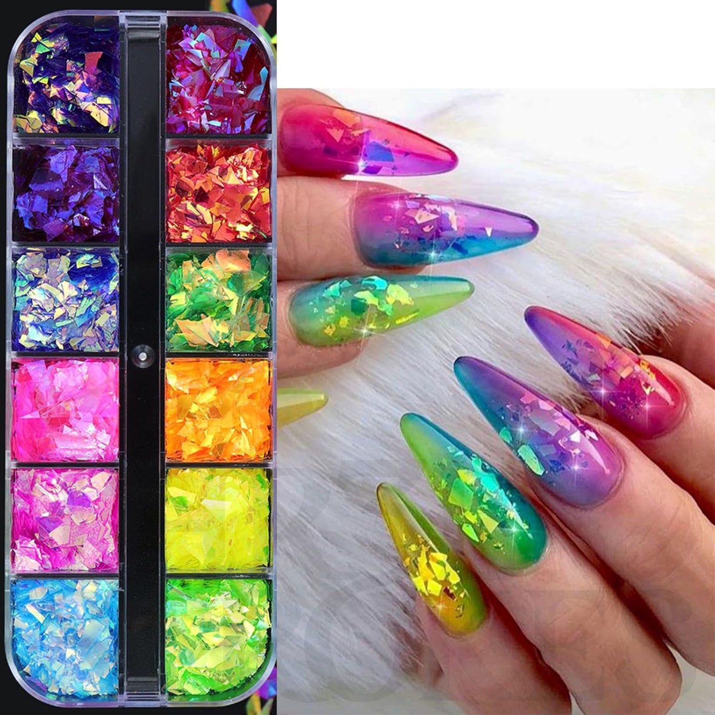 GV173 THR3E STROKES 12 Grids Holographic Mermaid Colorful Nail Art Glitter, Irregular Rainbow Candy Colour Nail Art Flakes Sequins, Gradient Bright Ice Slag Nail Sequins, Summer Metallic Foil Nail Supplies, DIY Nail Decoration (D35)