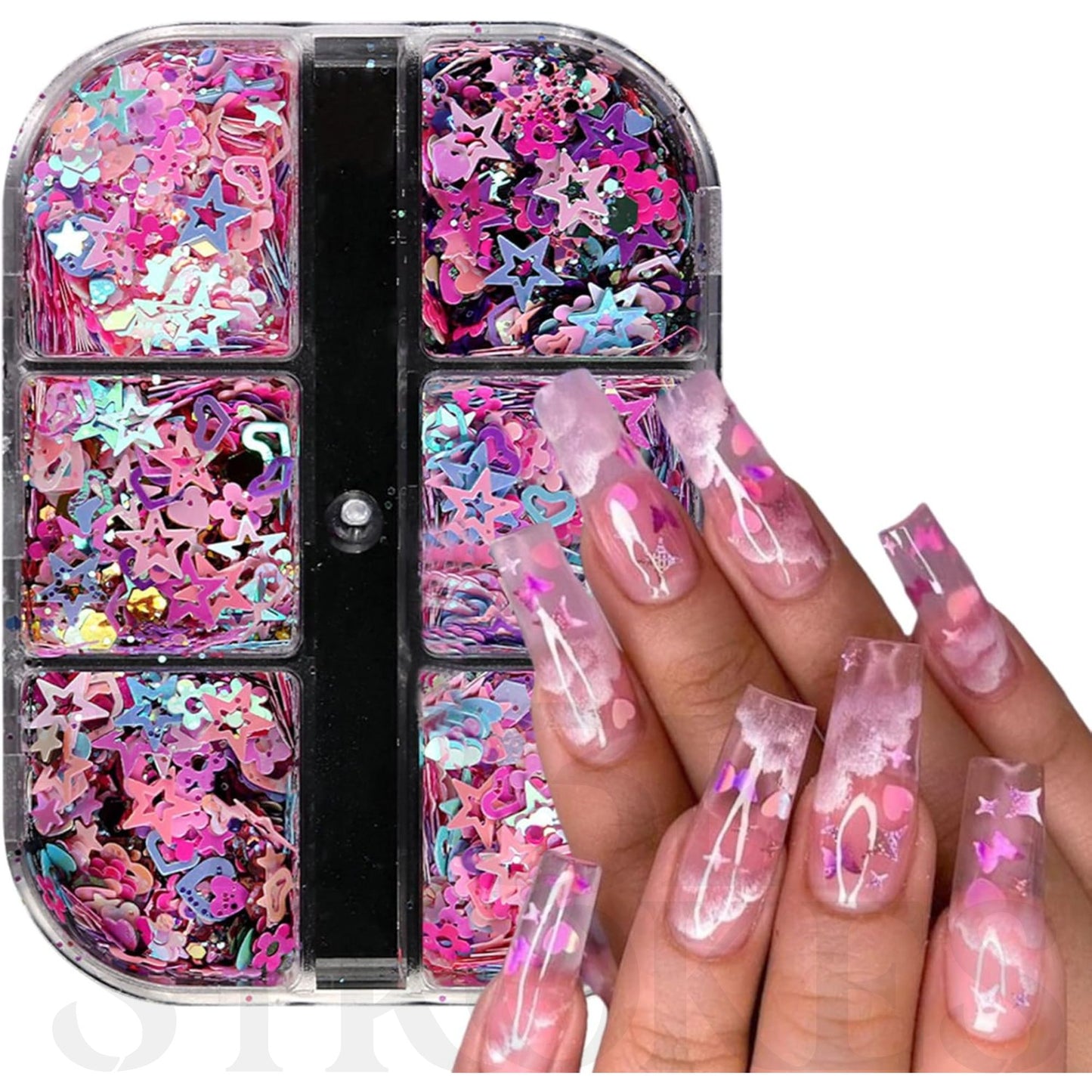 GV170 THR3E STROKES 12 Grid Heart Nail Art Glitters Mixed Hollow Star Flower Nails - Holographic Acrylic Powder Dust Sequins Decoration Supplies for Women D38