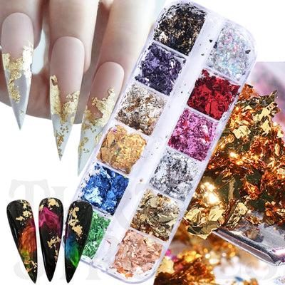 GV176 THR3E STROKES Holographic Nail Glitter Foils, 12 Colors Sparkly Ultra-Thin Aluminum Foil Nail Art Flakes Design, Laser Nail Sequins Acrylic Supplies for Women Girls Manicure Charms Decorations, DIY 3D Nail Art Tips (D31)