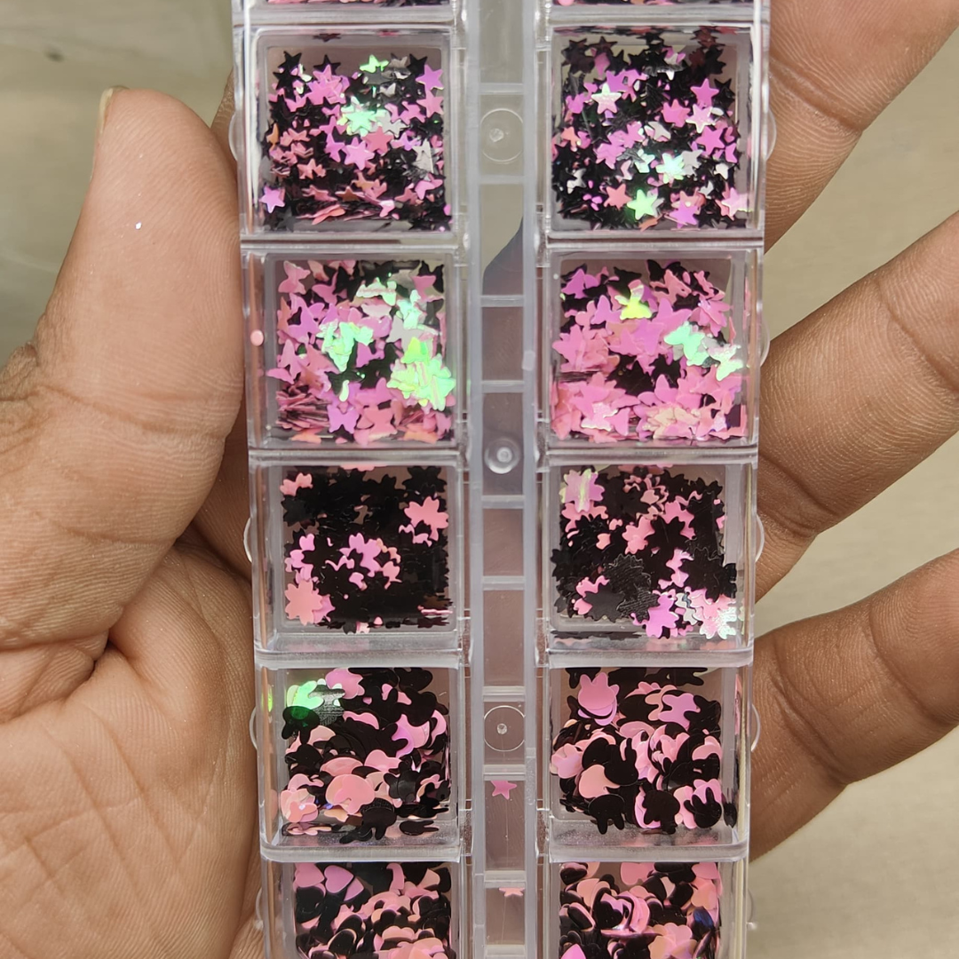 GV789 12-Grid Pink & Black Nail Art Sequin Box – Holographic Stars, Hearts, Moons & Shape Mix