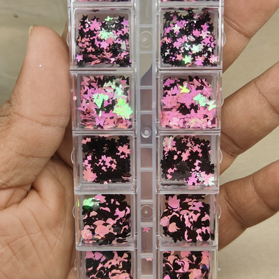 GV789 12-Grid Pink & Black Nail Art Sequin Box – Holographic Stars, Hearts, Moons & Shape Mix