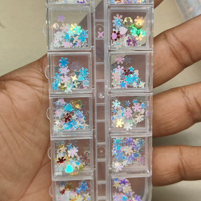 GV790 12-Grid Holographic Pastel Nail Art Sequin Box – Snowflakes, Stars, Hearts & Mixed Shapes