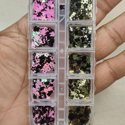 GV793 12-Grid Mixed Shape Nail Art Glitter Box – Hearts, Flowers & Decorative Sequins for Gel & Acrylic Nails