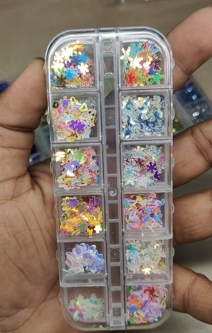 GV795 Holographic Puzzle & Mixed Shape Nail Art Sequins Box – 12-in-1 Iridescent Glitter Set