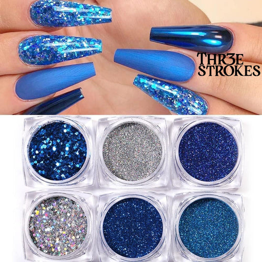 GV169 THR3E STROKES 6 Boxes Holographic Nails Glitter Powder Nail Art Supplies Metallic Shining Flakes Blue Silver Nail Glitter Set for Nails Art Decoration (D39)