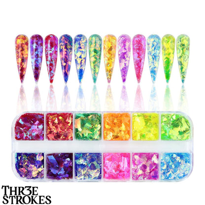 GV173 THR3E STROKES 12 Grids Holographic Mermaid Colorful Nail Art Glitter, Irregular Rainbow Candy Colour Nail Art Flakes Sequins, Gradient Bright Ice Slag Nail Sequins, Summer Metallic Foil Nail Supplies, DIY Nail Decoration (D35)
