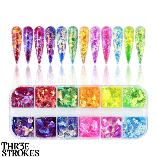 GV173 THR3E STROKES 12 Grids Holographic Mermaid Colorful Nail Art Glitter, Irregular Rainbow Candy Colour Nail Art Flakes Sequins, Gradient Bright Ice Slag Nail Sequins, Summer Metallic Foil Nail Supplies, DIY Nail Decoration (D35)