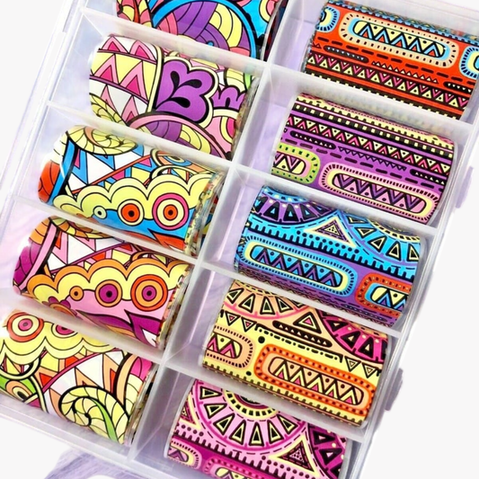 GV916 10pcs Tribal Pattern Nail Foil Transfer Set – Colorful Aztec Geometric Nail Art Foils with Storage Box for Gel Polish & DIY Decoration