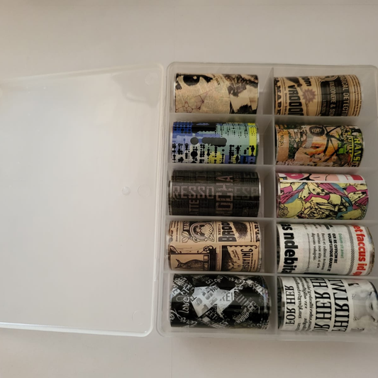 GV931 10pcs Vintage Newspaper & Graffiti Nail Foil Transfer Set – Retro Typography & Comic Print Nail Art Foils with Storage Box