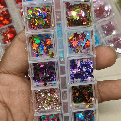 GV798 12-Color Holographic Nail Glitter Mix Box – Stars, Maple Leaves & Iridescent Shapes for Gel, Acrylic & DIY Nail Art