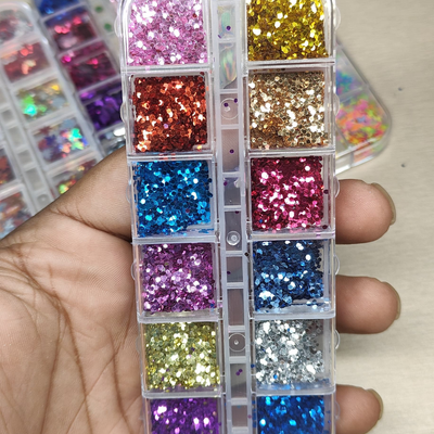 GV796 12 Colors Ultra-Shine Hexagon Nail Art Glitter Set – Holographic Chunky Sparkle Dust for Nail Extensions & DIY Manicures