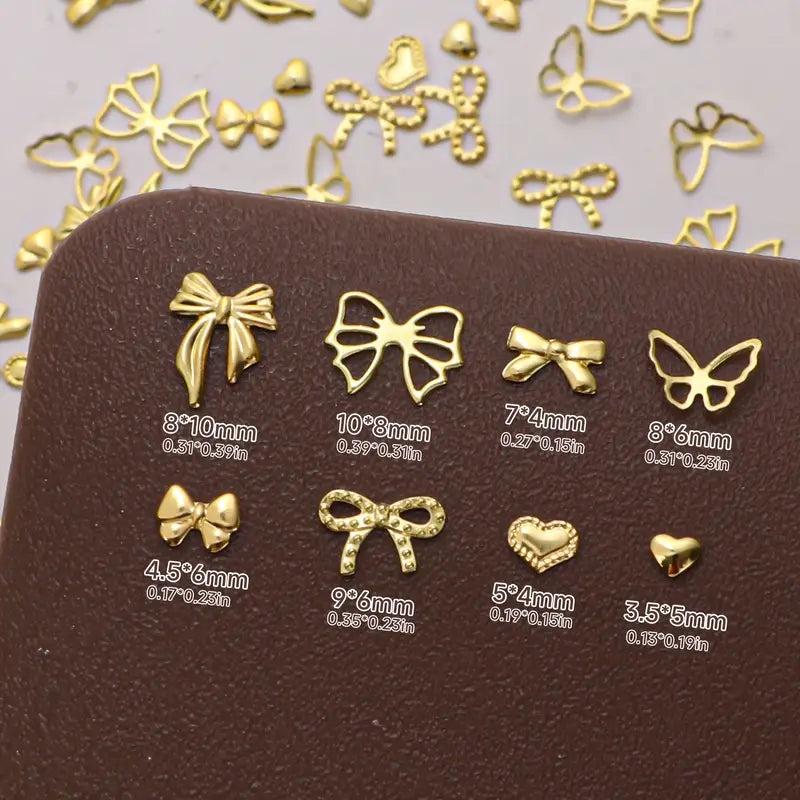 GV753 Celebrity Trendy Alloy Bowknot Nail Art Accessories – Luxury 3D Metal Bow & Heart Charms for DIY Manicure Decoration Box