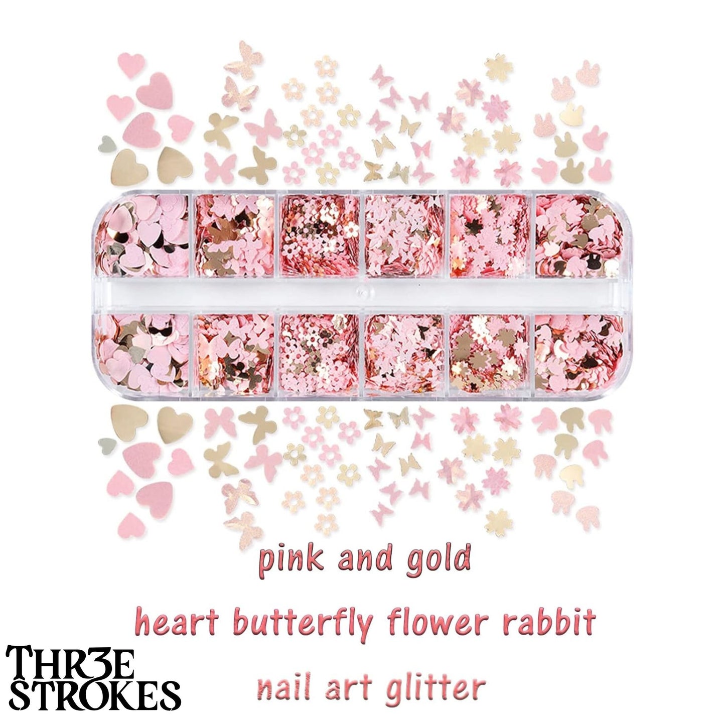 GV167 THR3E STROKES 12 Grids Holographic Nail Glitter, Wsimily Butterfly Flower Heart Rabbit Pink Gold Nail Art Sequins Glitter for Acrylic Nails Design Paillettes Shining Flake Glitter Valentine's Day Nail Decoration (D41)