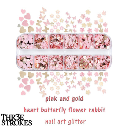 GV167 THR3E STROKES 12 Grids Holographic Nail Glitter, Wsimily Butterfly Flower Heart Rabbit Pink Gold Nail Art Sequins Glitter for Acrylic Nails Design Paillettes Shining Flake Glitter Valentine's Day Nail Decoration (D41)