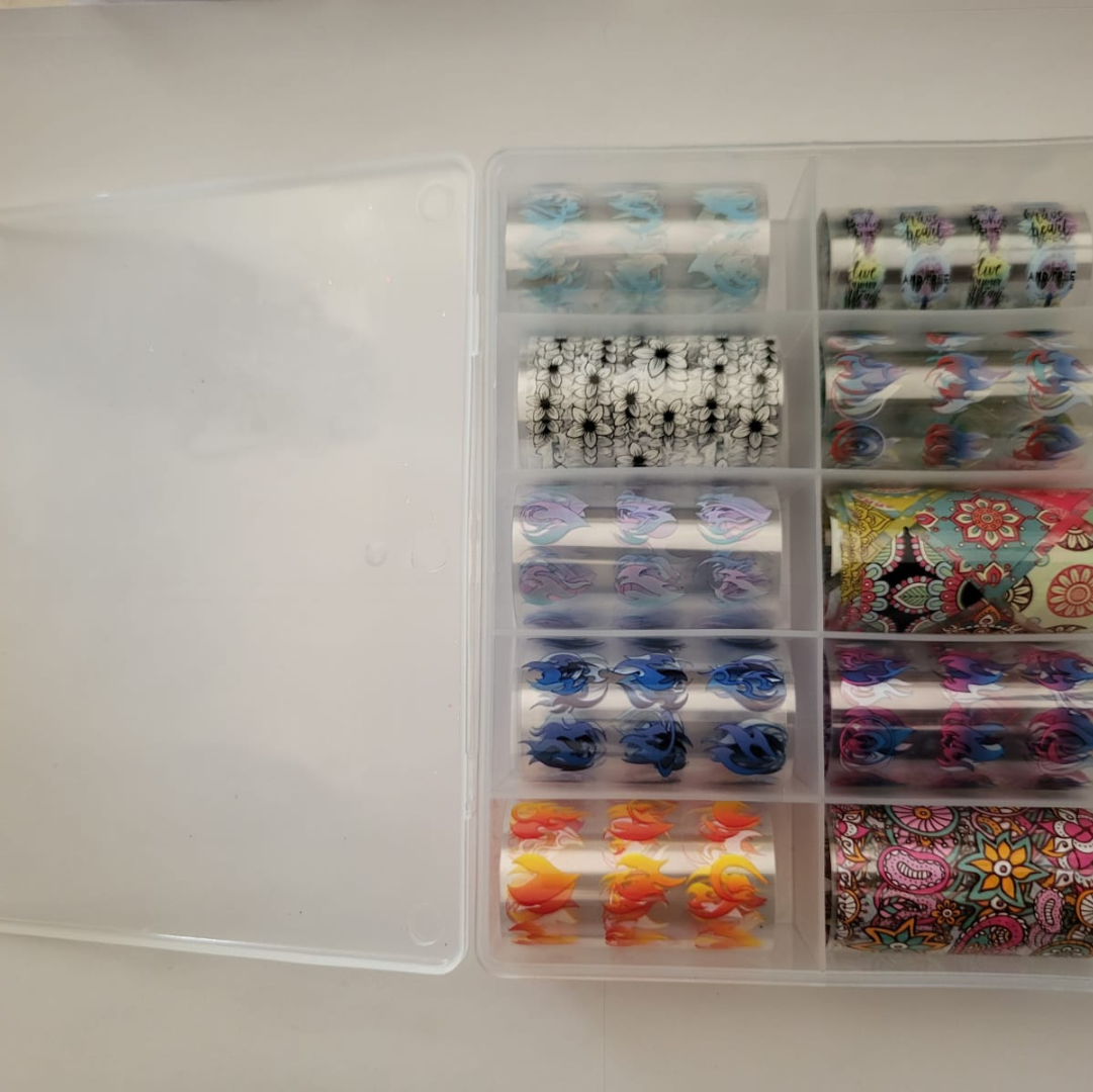 GV932 10pcs Mixed Designer Nail Foil Transfer Set – Floral, Abstract & Mandala Nail Art Foils with Storage Box