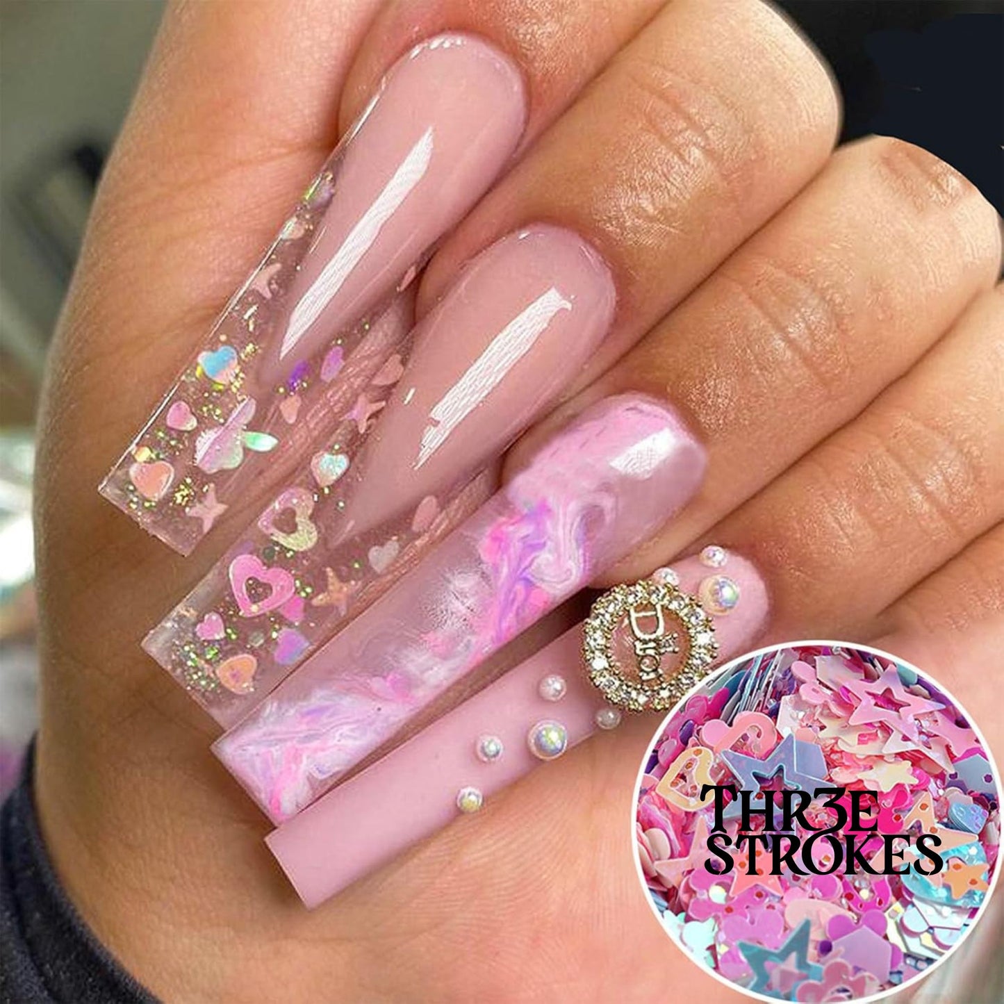 GV170 THR3E STROKES 12 Grid Heart Nail Art Glitters Mixed Hollow Star Flower Nails - Holographic Acrylic Powder Dust Sequins Decoration Supplies for Women D38