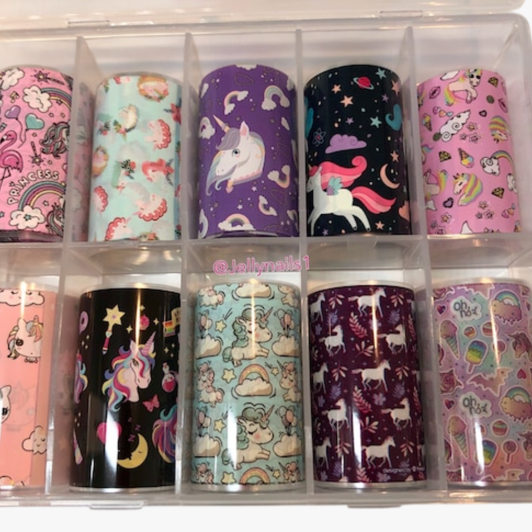 GV917 10pcs Unicorn Nail Foil Transfer Set – Cute Cartoon Rainbow & Princess Nail Art Foils with Storage Box for Gel Polish & DIY Manicure