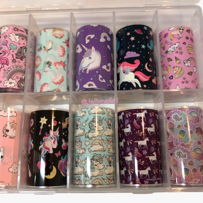 GV917 10pcs Unicorn Nail Foil Transfer Set – Cute Cartoon Rainbow & Princess Nail Art Foils with Storage Box for Gel Polish & DIY Manicure