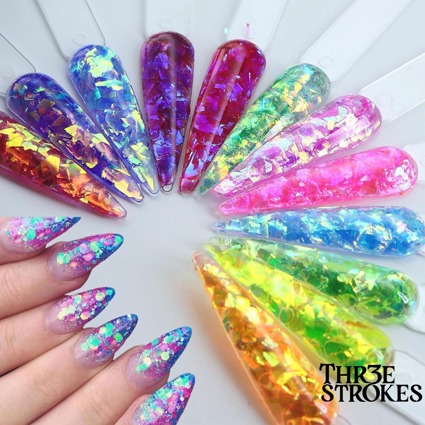 GV173 THR3E STROKES 12 Grids Holographic Mermaid Colorful Nail Art Glitter, Irregular Rainbow Candy Colour Nail Art Flakes Sequins, Gradient Bright Ice Slag Nail Sequins, Summer Metallic Foil Nail Supplies, DIY Nail Decoration (D35)