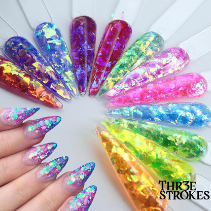 GV173 THR3E STROKES 12 Grids Holographic Mermaid Colorful Nail Art Glitter, Irregular Rainbow Candy Colour Nail Art Flakes Sequins, Gradient Bright Ice Slag Nail Sequins, Summer Metallic Foil Nail Supplies, DIY Nail Decoration (D35)