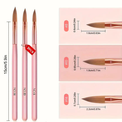 GV749 3pcs Professional Nail Art Brush Set – High-Precision 3D Builder Gel & Acrylic Drawing Brushes for Nail Extension and Design