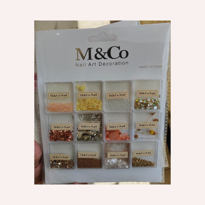 GV730 M&Co 12 in 1 Nail Art Decoration Set – Glitter, Beads & Dried Flowers