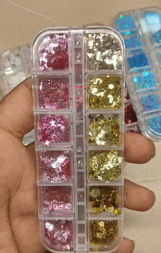 GV800 12-Color Pink & Gold Holographic Nail Art Glitter Set – Stars, Hearts & Mixed Sequins for Gel, Acrylic & DIY Nails