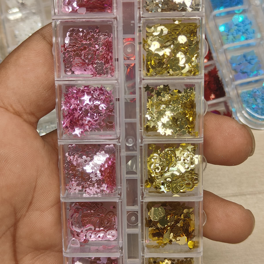 GV800 12-Color Pink & Gold Holographic Nail Art Glitter Set – Stars, Hearts & Mixed Sequins for Gel, Acrylic & DIY Nails