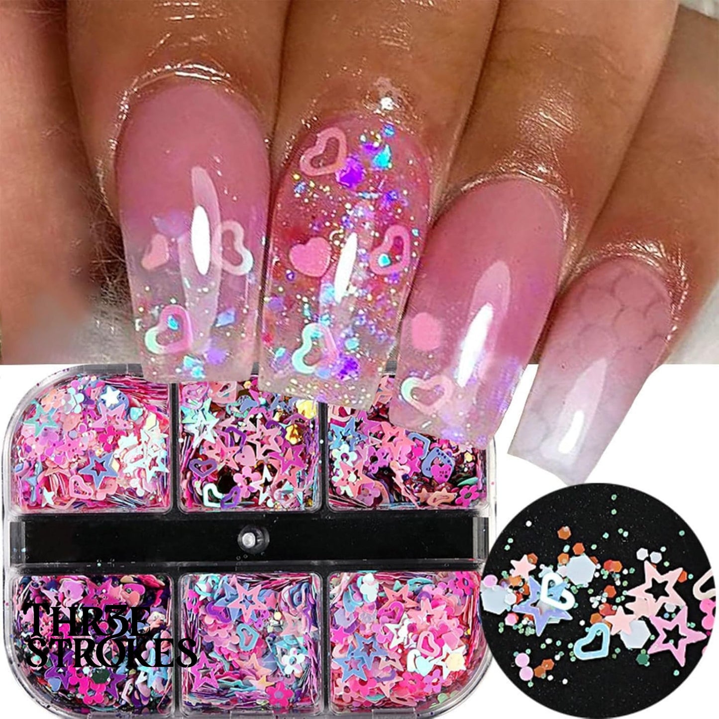 GV170 THR3E STROKES 12 Grid Heart Nail Art Glitters Mixed Hollow Star Flower Nails - Holographic Acrylic Powder Dust Sequins Decoration Supplies for Women D38