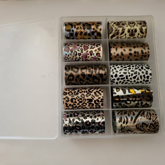 GV934 10pcs Leopard & Animal Print Nail Foil Transfer Set – Wild Cheetah, Tiger & Safari Nail Art Foils with Storage Box