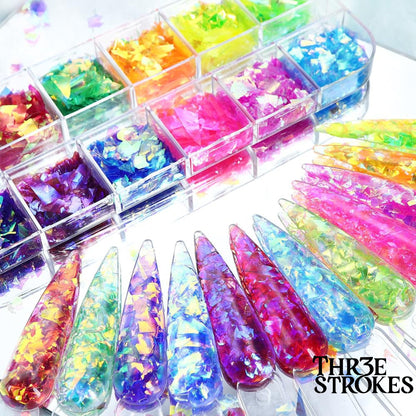GV173 THR3E STROKES 12 Grids Holographic Mermaid Colorful Nail Art Glitter, Irregular Rainbow Candy Colour Nail Art Flakes Sequins, Gradient Bright Ice Slag Nail Sequins, Summer Metallic Foil Nail Supplies, DIY Nail Decoration (D35)