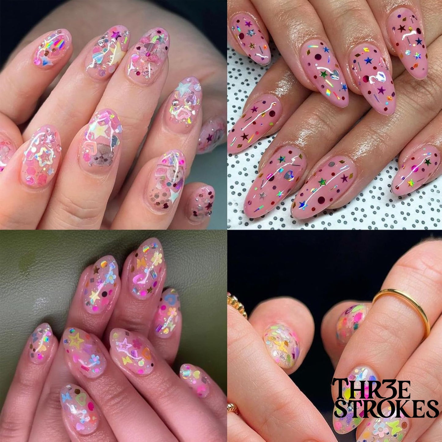 GV170 THR3E STROKES 12 Grid Heart Nail Art Glitters Mixed Hollow Star Flower Nails - Holographic Acrylic Powder Dust Sequins Decoration Supplies for Women D38