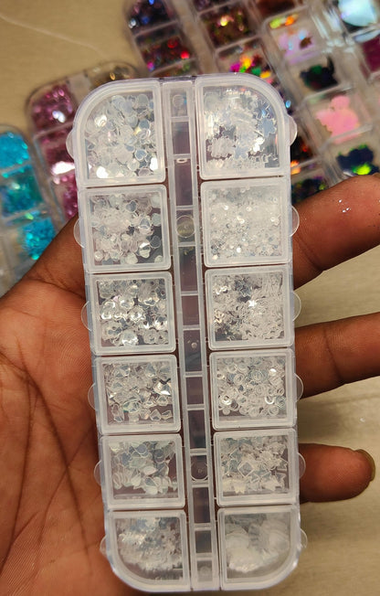 GV 801 12-Color Clear Iridescent Nail Art Glitter Set – Hearts, Stars, Mix Shapes for Gel, Acrylic & DIY Nails