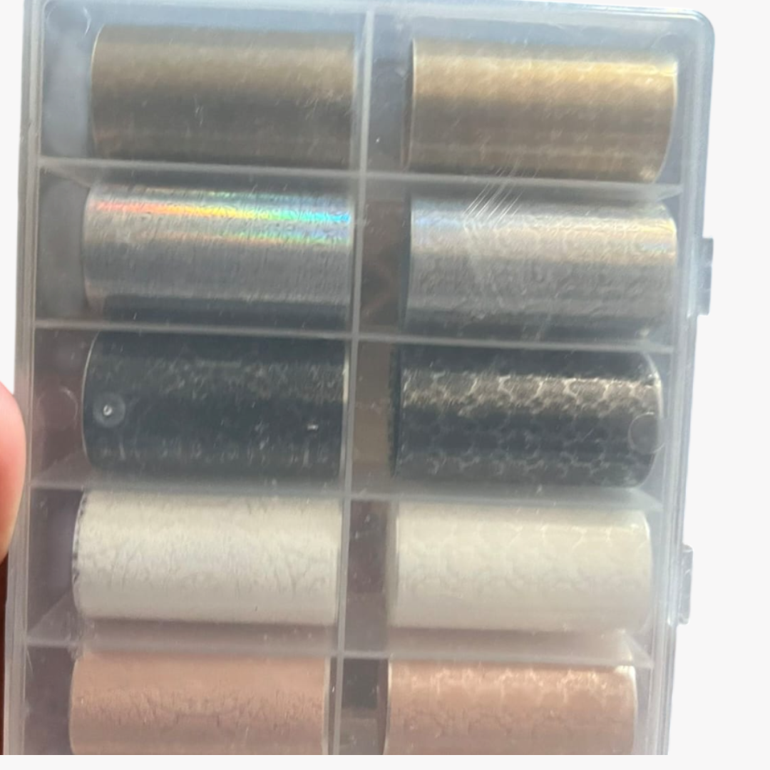 GV919 10pcs Metallic Nail Foil Transfer Set – Gold, Silver, Black & Holographic Nail Art Foils with Storage Box for Gel Polish & DIY Manicure