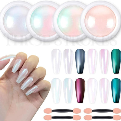 GV59 THR3E STROKES Chrome Nail Powder Metallic Mirror Glitter Effect Pigment Iridescent Aurora Mermaid Pearl Dust Kit for Gel Polish Nail Art Decoration, Resin Craft Arylic Powder (acp4) (Each 0.5gm)