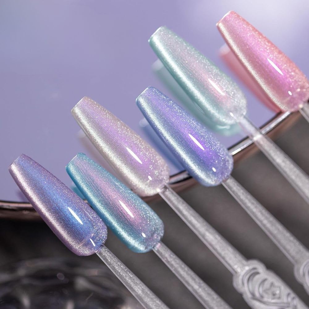 GV870 THR3E STROKES Cat Eye Gel Nail Polish Set for Pink Brown Glitter Holographic Cat Eye, Salon Gel Manicure and Nail Art DIY at Home, Bright Moonlight (AURORA)
