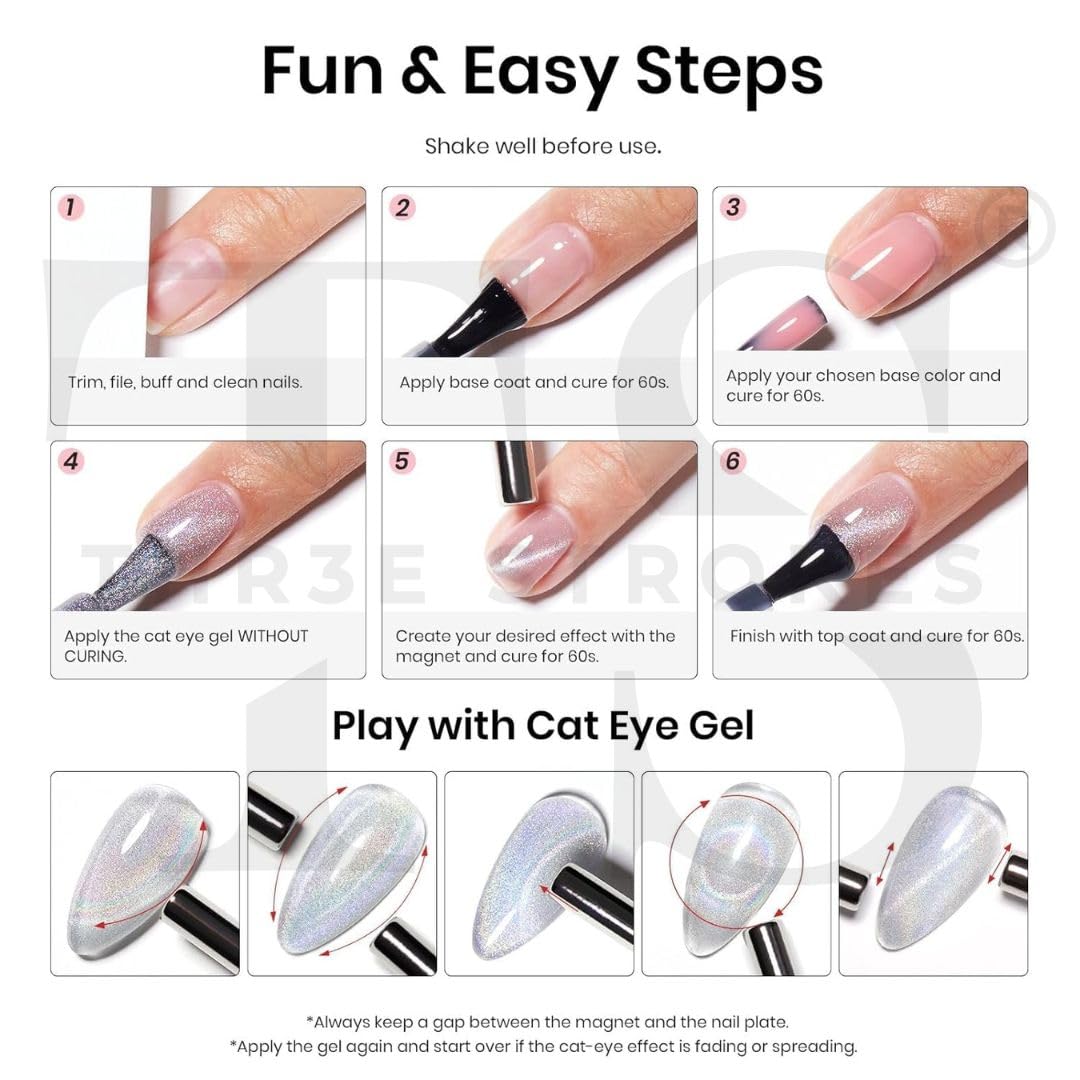 GV177 THR3E STROKES Rainbow Cat Eye Gel Nail Polish, 7.5ml Holographic 9D Sparkly Glitter Spring Gel Polish, Soak Off UV/LED Manicure Nail Art Designs, Flakie Finish