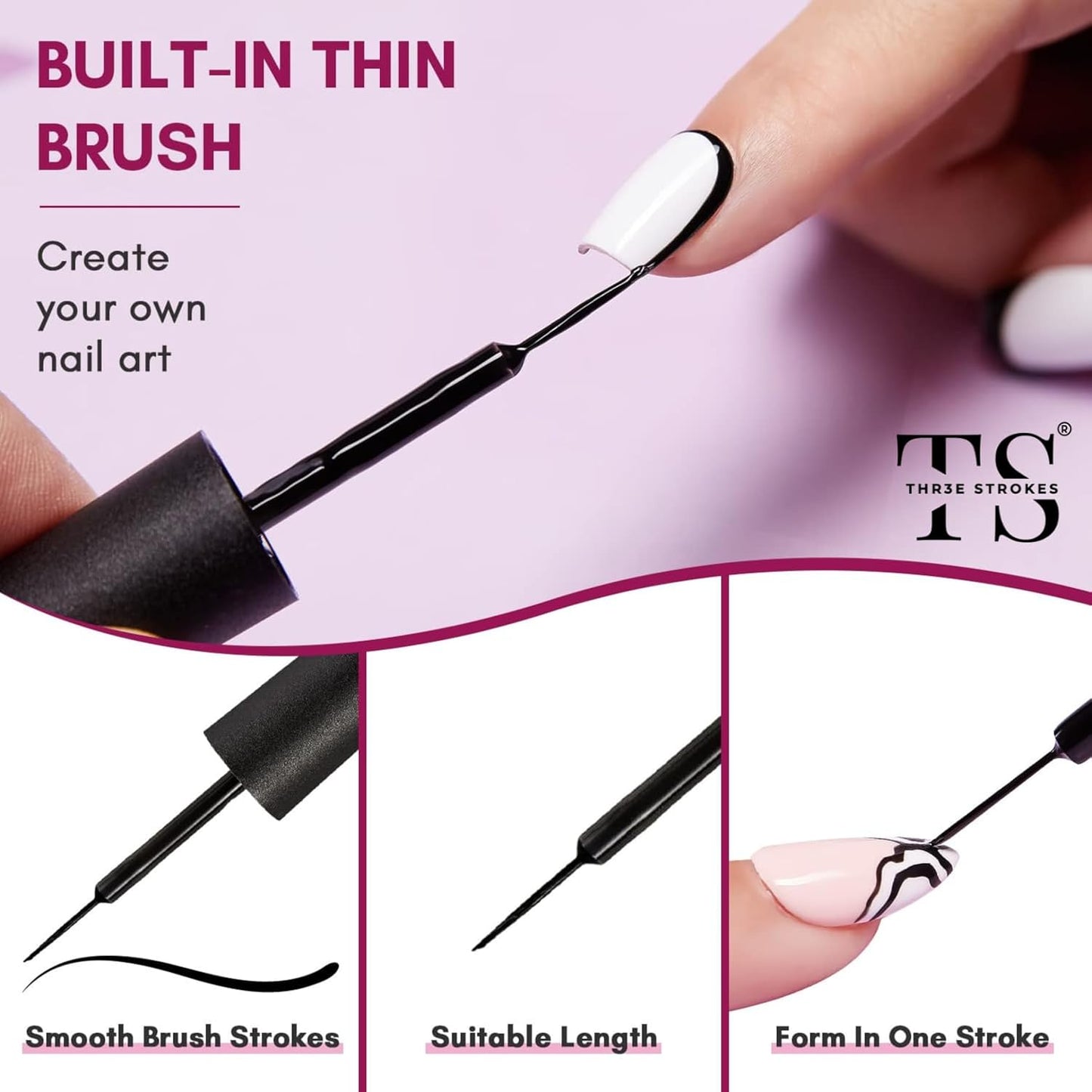 GV18 THR3E STROKES Liner Nail Art Gel Polish,Black Painted Gel Nail Design Polish 1 Bottle Soak off Curing Requires 8ml Build in Thin Brush for Classical Home Salon Diy Nail French Manicure Painting (Black)