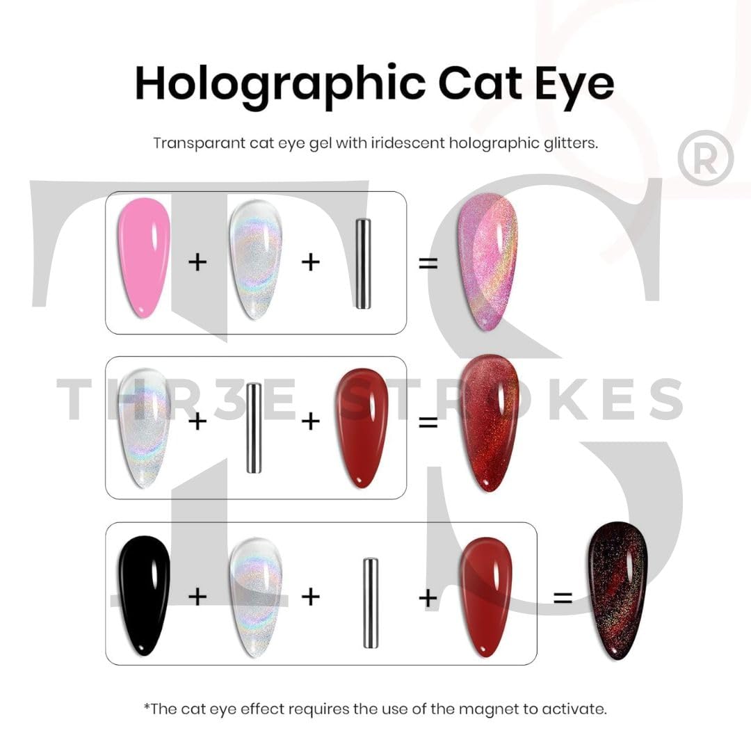 GV177 THR3E STROKES Rainbow Cat Eye Gel Nail Polish, 7.5ml Holographic 9D Sparkly Glitter Spring Gel Polish, Soak Off UV/LED Manicure Nail Art Designs, Flakie Finish