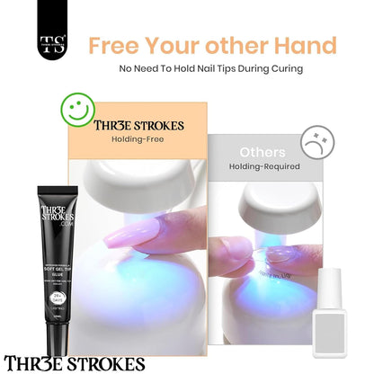 GV23 THR3E STROKES Upgrade 3 in 1 Nail Glue Gel for False Nail Tips, 20g Super Strong Nail Gel Glue for Nail Extension Soft Gel Nail Tips and 3D Nail Art Rhinestone Glue Soak Off UV Nail Gel Long Lasting