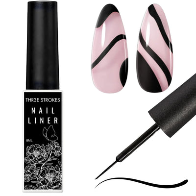 GV18 THR3E STROKES Liner Nail Art Gel Polish,Black Painted Gel Nail Design Polish 1 Bottle Soak off Curing Requires 8ml Build in Thin Brush for Classical Home Salon Diy Nail French Manicure Painting (Black)