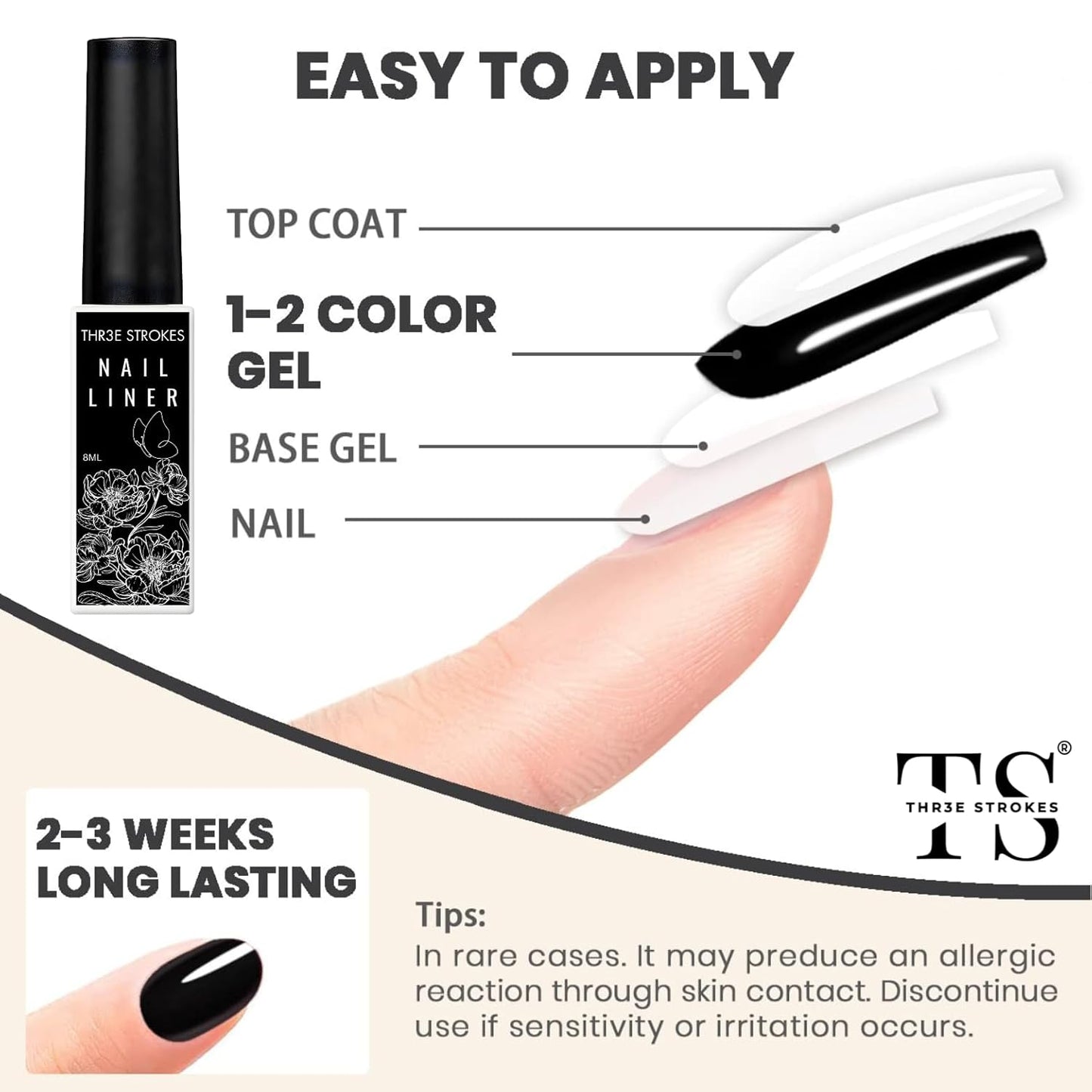 GV18 THR3E STROKES Liner Nail Art Gel Polish,Black Painted Gel Nail Design Polish 1 Bottle Soak off Curing Requires 8ml Build in Thin Brush for Classical Home Salon Diy Nail French Manicure Painting (Black)