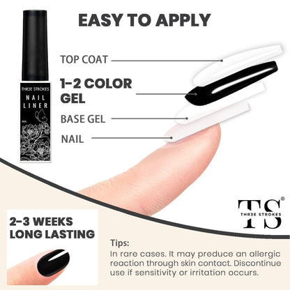 GV18 THR3E STROKES Liner Nail Art Gel Polish,Black Painted Gel Nail Design Polish 1 Bottle Soak off Curing Requires 8ml Build in Thin Brush for Classical Home Salon Diy Nail French Manicure Painting (Black)