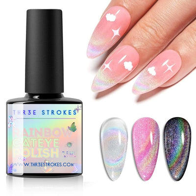 GV177 THR3E STROKES Rainbow Cat Eye Gel Nail Polish, 7.5ml Holographic 9D Sparkly Glitter Spring Gel Polish, Soak Off UV/LED Manicure Nail Art Designs, Flakie Finish