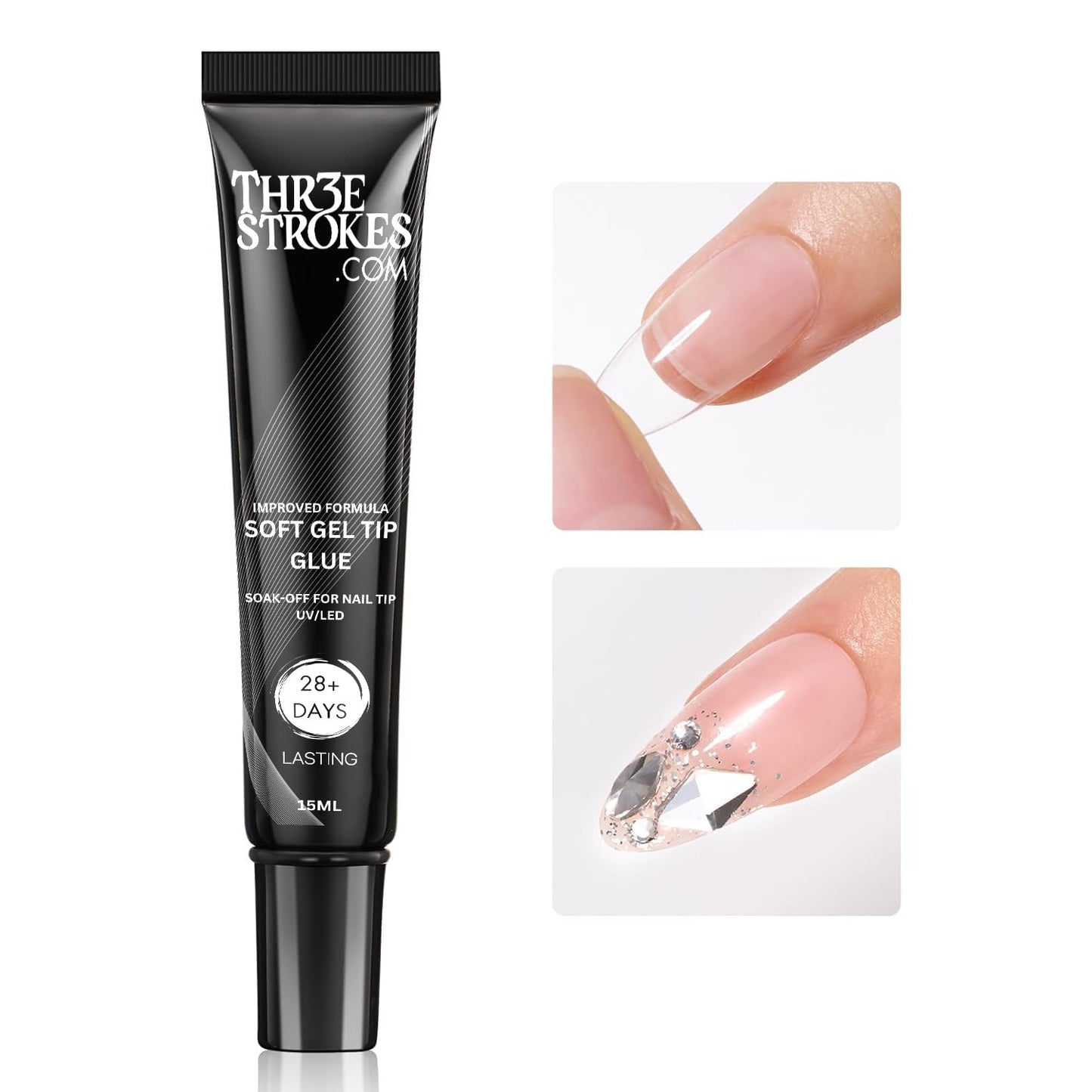 GV23 THR3E STROKES Upgrade 3 in 1 Nail Glue Gel for False Nail Tips, 20g Super Strong Nail Gel Glue for Nail Extension Soft Gel Nail Tips and 3D Nail Art Rhinestone Glue Soak Off UV Nail Gel Long Lasting