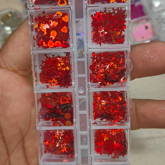 GV802 12-Color Red Holographic Nail Art Glitter Set – Hearts, Stars & Mixed Sequins for Gel & Acrylic Nails