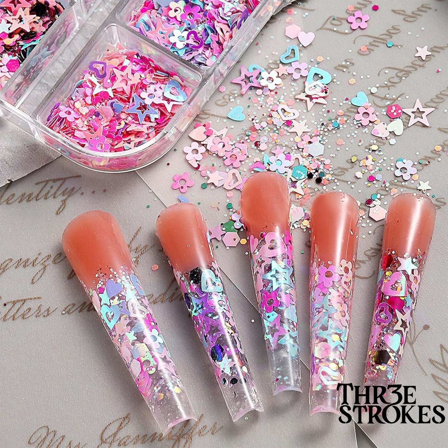 GV170 THR3E STROKES 12 Grid Heart Nail Art Glitters Mixed Hollow Star Flower Nails - Holographic Acrylic Powder Dust Sequins Decoration Supplies for Women D38