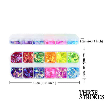 GV173 THR3E STROKES 12 Grids Holographic Mermaid Colorful Nail Art Glitter, Irregular Rainbow Candy Colour Nail Art Flakes Sequins, Gradient Bright Ice Slag Nail Sequins, Summer Metallic Foil Nail Supplies, DIY Nail Decoration (D35)
